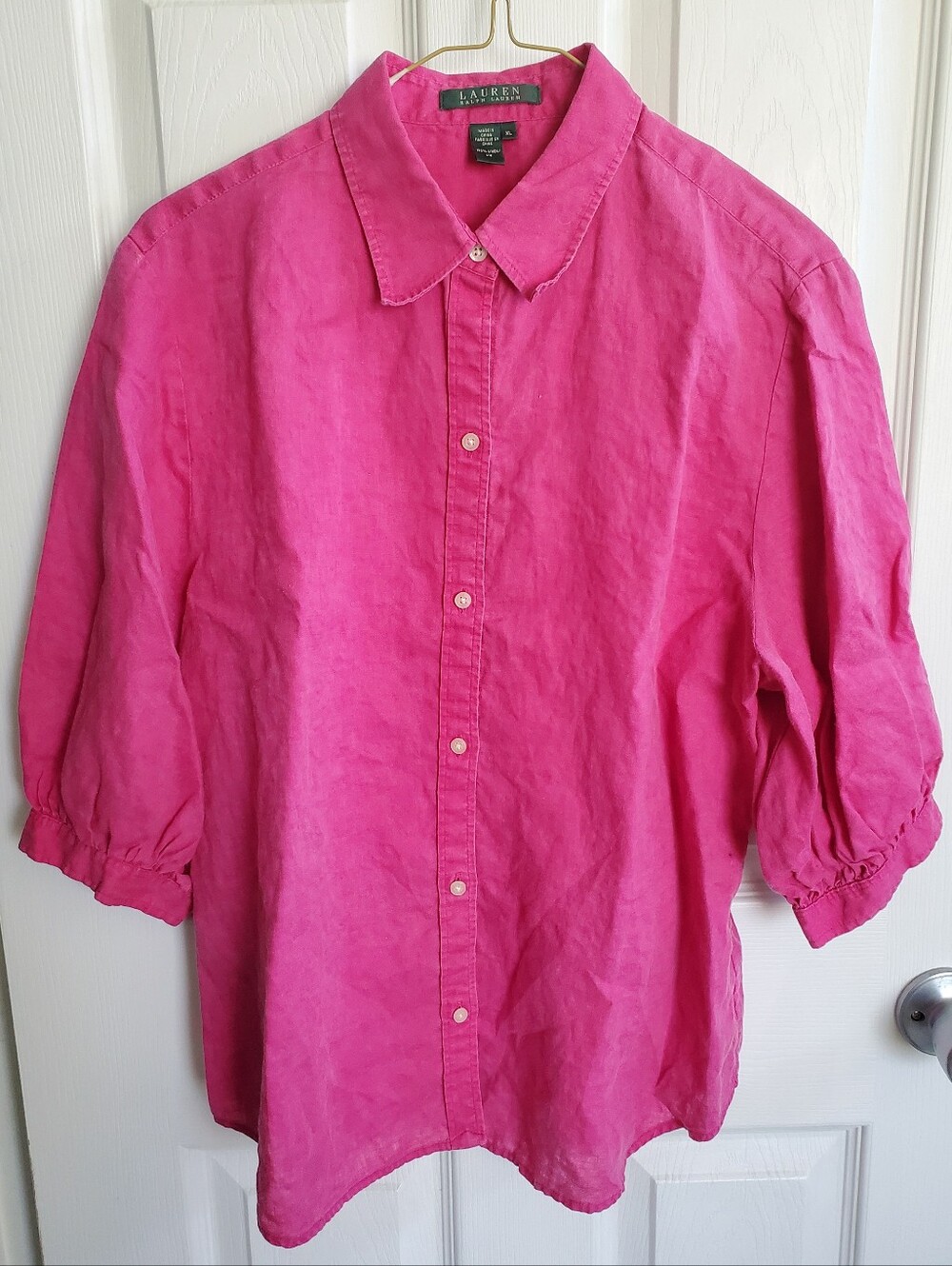 Lauren Ralph Lauren Women's Fuchsia Balloon Sleeve Button Down XL 100% Linen Top